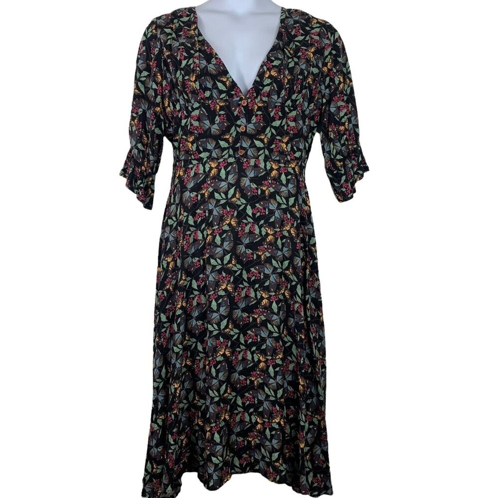 Bright & Beautiful Sz 10 Midi Dress 1/2 Sleeve V Neck Floral Butterfly Print New